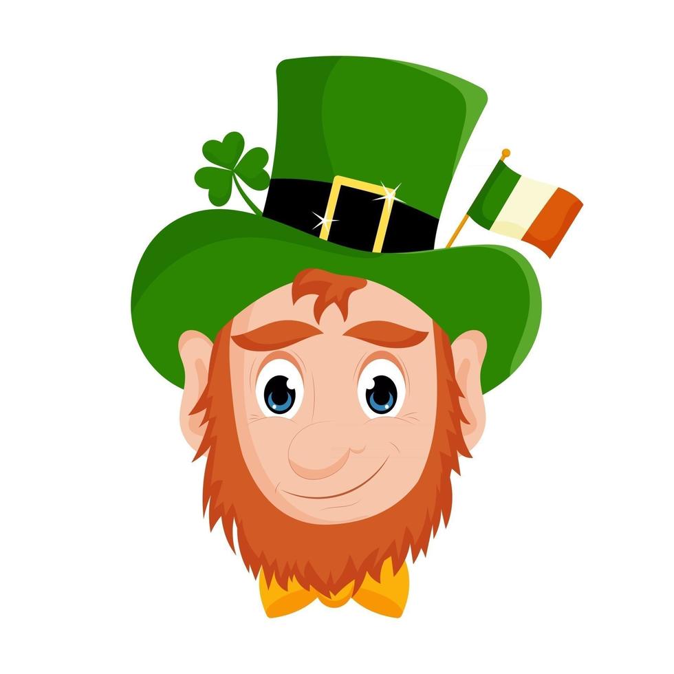 un simpatico cartone animato folletto con un cappello verde con la bandiera dell'Irlanda e un trifoglio, un'illustrazione per st. giorno di san patrizio. illustrazione vettoriale isolato su uno sfondo bianco.