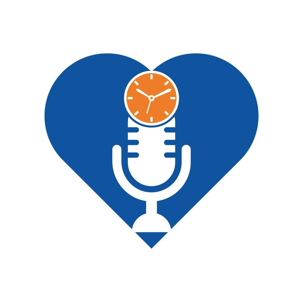 Podcast tempo cuore forma concetto vettore logo design modello. mic orologio vettore logo design icona.