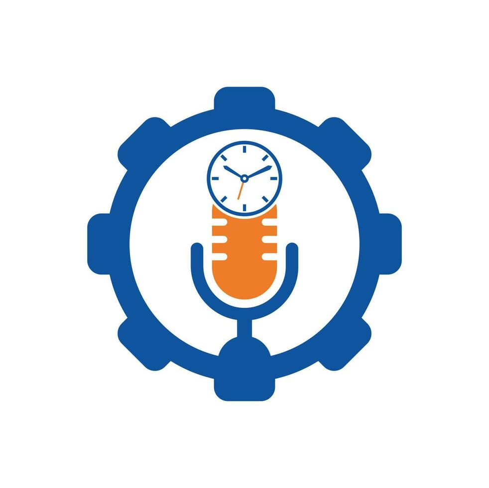 Podcast tempo Ingranaggio forma concetto vettore logo design modello. mic orologio vettore logo design icona.