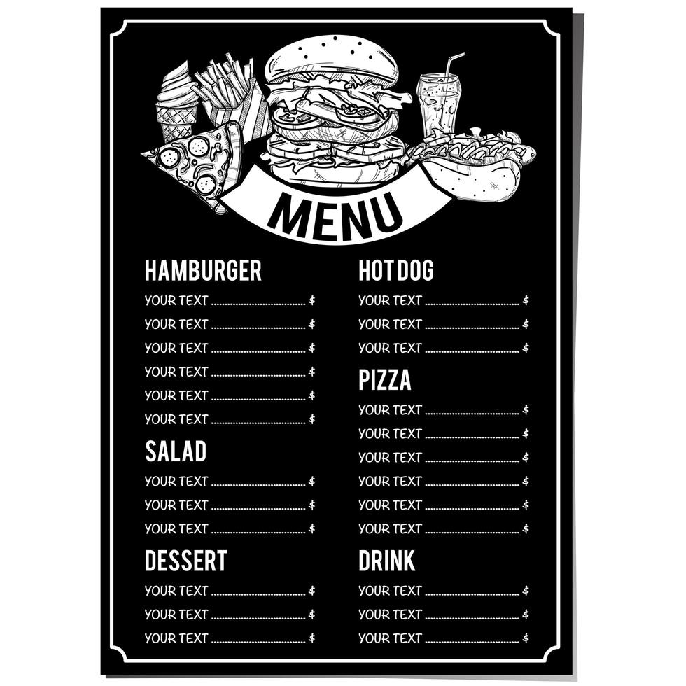 modello di menu cibo bianco e nero disegnato a mano vettore