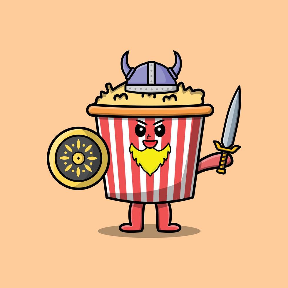 carino cartone animato Popcorn vichingo pirata Tenere spada vettore