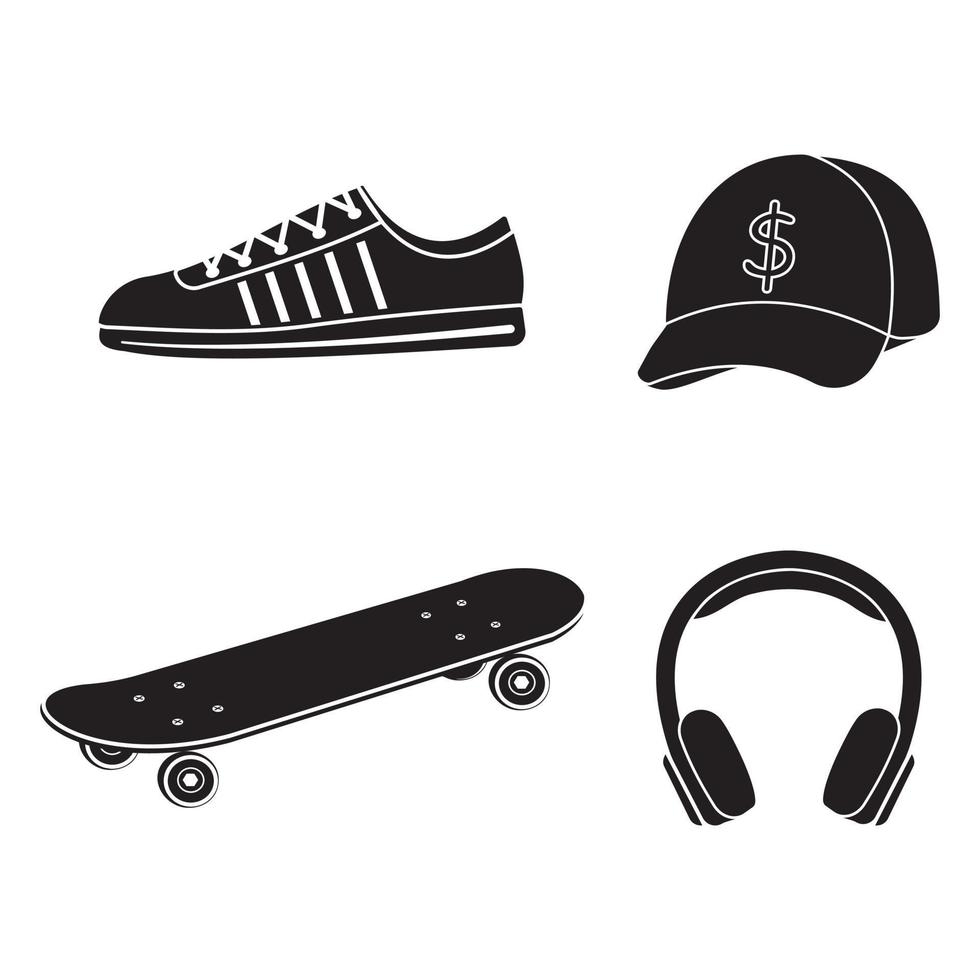 impostato di skateboarder berretto, skateboard, cuffia, scarpe da ginnastica, nero stampino, isolato illustrazione su un' bianca sfondo vettore