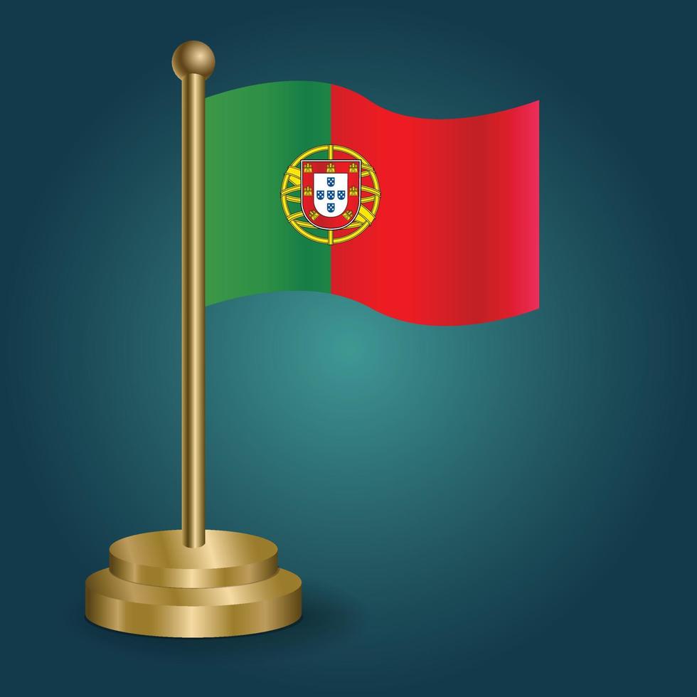Portogallo nazionale bandiera su d'oro polo su gradazione isolato buio sfondo. tavolo bandiera, vettore illustrazione
