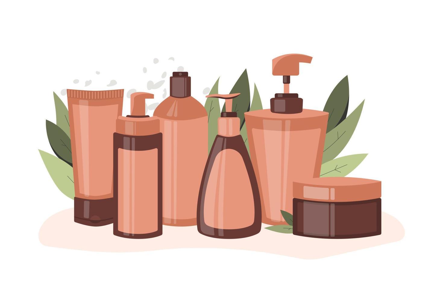 gruppo di cosmetici su pianta sfondo. bottiglie di maschera, shampoo, balsamo, crema, schiuma. concetto di utensili bellezza e pelle cura, eco cosmetici, detersivo. vettore piatto illustrazione