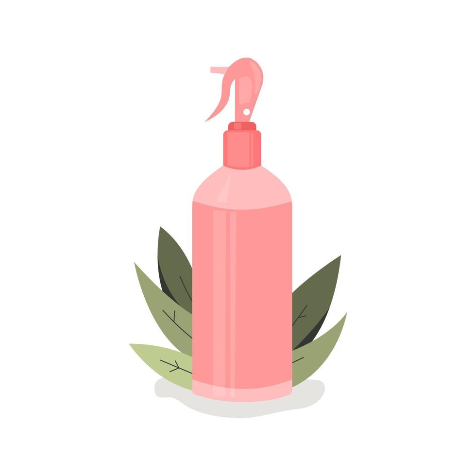 bottiglia cosmetici su pianta sfondo. concetto di utensili bellezza e pelle cura, spray, eco, detersivo. vettore piatto illustrazione.