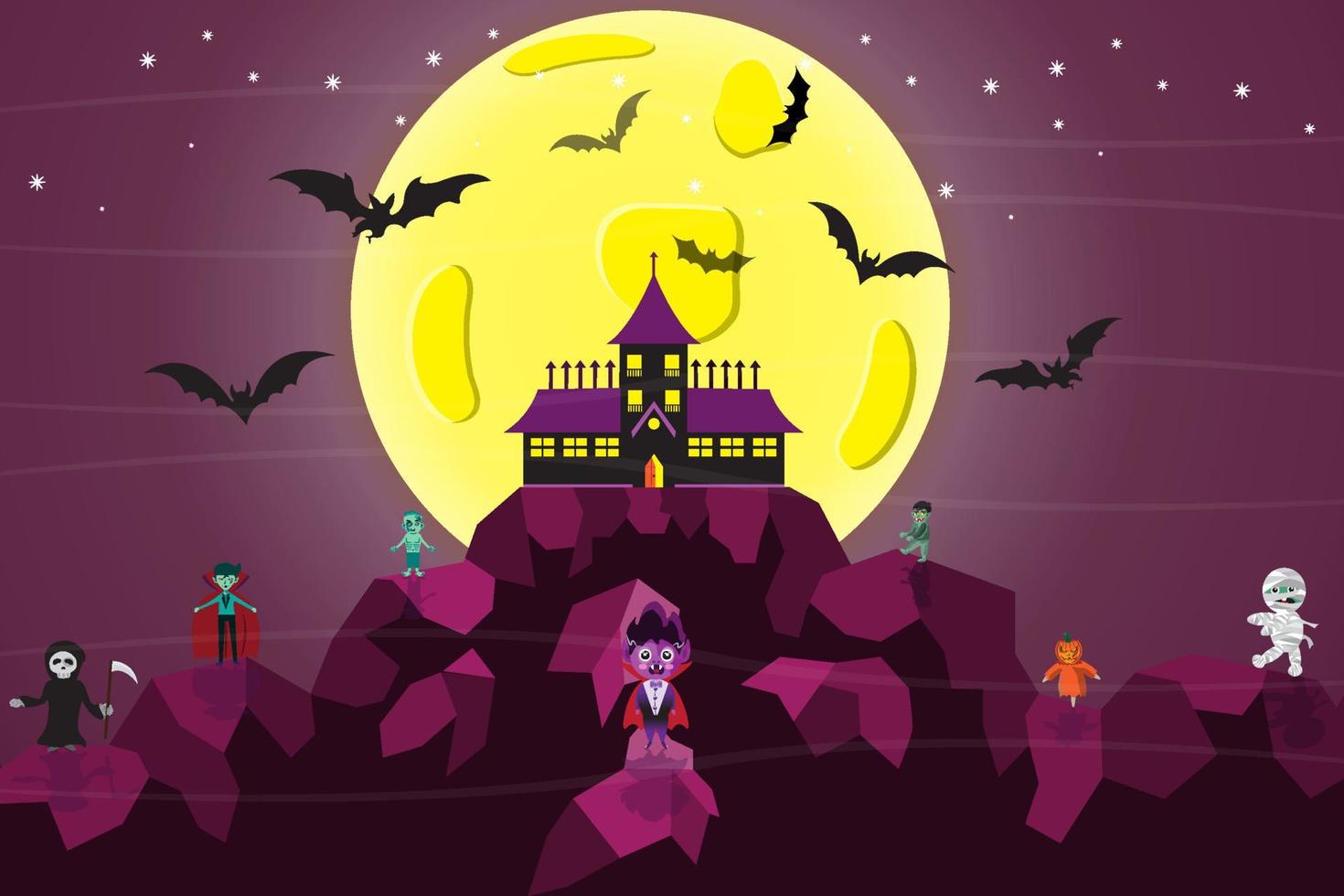 Halloween celebrazione con pieno Luna, buio, castello e pipistrelli vettore
