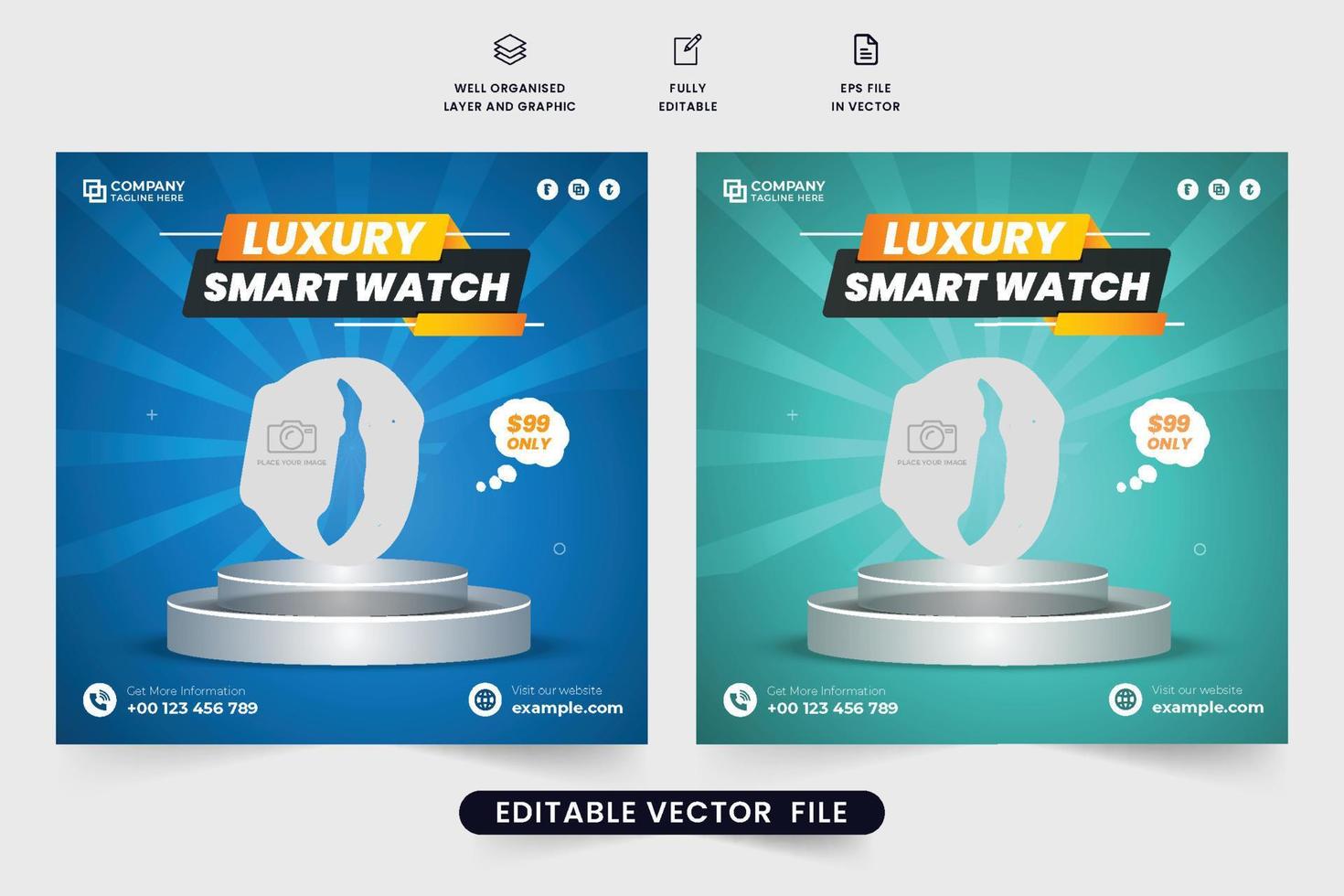 lusso orologio intelligente vendita sociale media inviare vettore con blu e verde colori. classico orologio e aggeggio annuncio pubblicitario modello. Prodotto presentazione e vendita offrire modello vettore per digitale marketing.