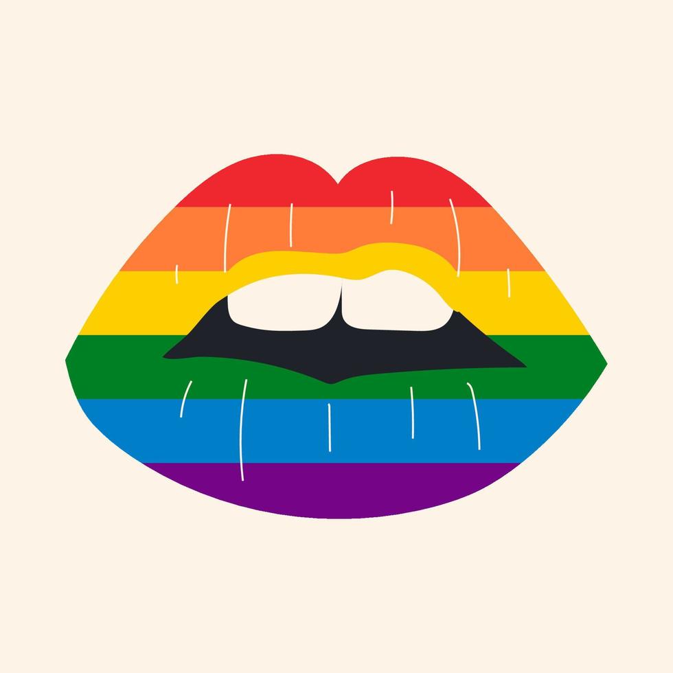 bellissimo labbra bacio tracciare con lgbt simbolo orgoglio bandiera arcobaleno colori Stampa isolato su bianca sfondo. vettore