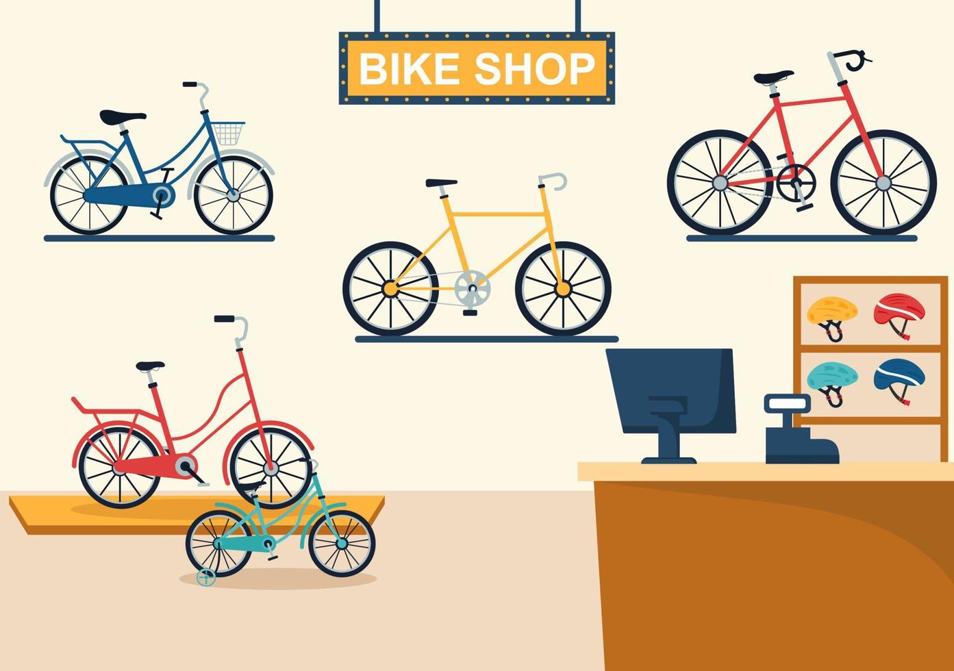 bicicletta negozio con gli acquirenti persone la scelta cicli, Accessori o Ingranaggio attrezzatura per equitazione nel modello mano disegnato cartone animato piatto illustrazione vettore