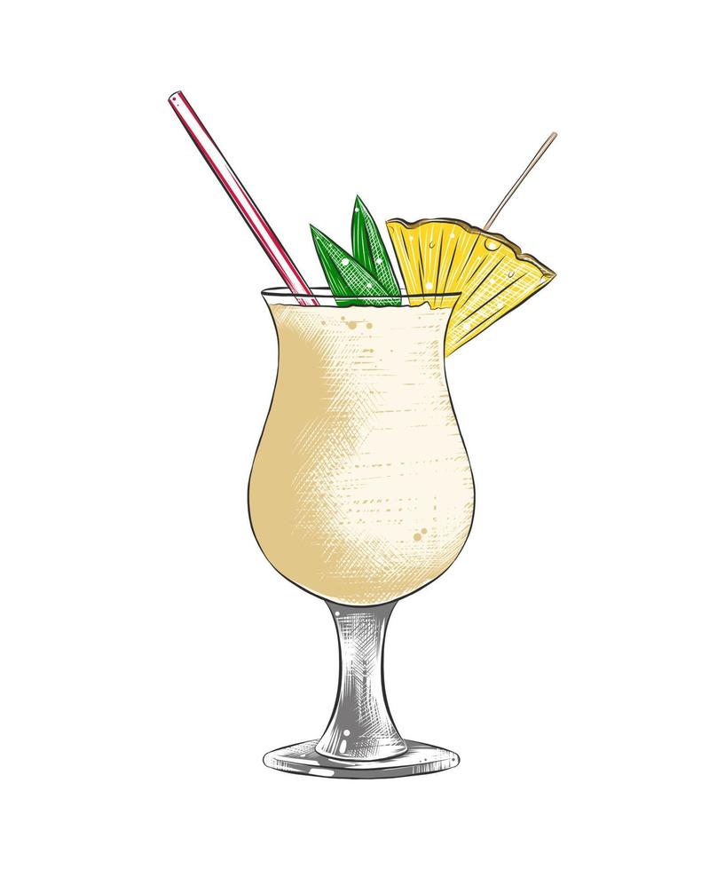 vettore inciso stile illustrazione di Pina colada per manifesti, decorazione, logo, menù e Stampa. mano disegnato colorato schizzo di estate cocktail isolato su bianca sfondo. dettagliato Vintage ▾ incisione