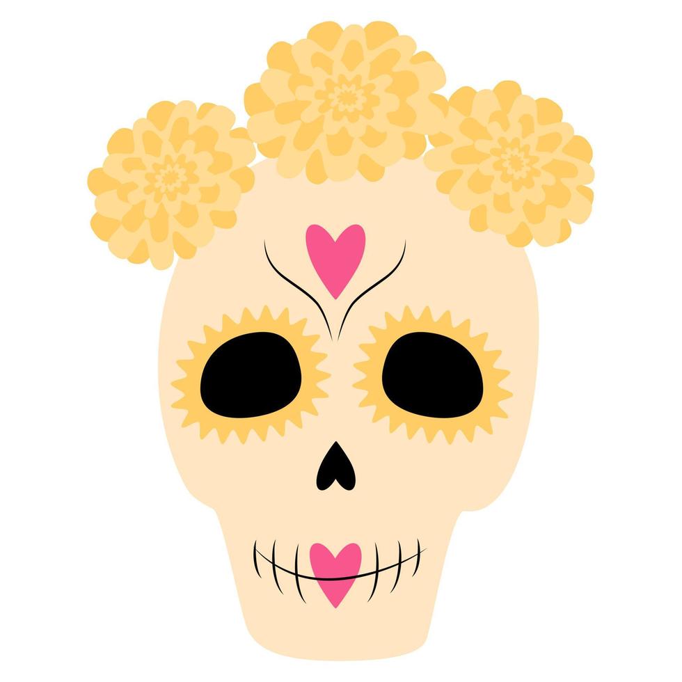 zucchero cranio con un' ghirlanda di fiori. dia de los muertos. Messico. etichetta. icona. giorno di il morto vettore