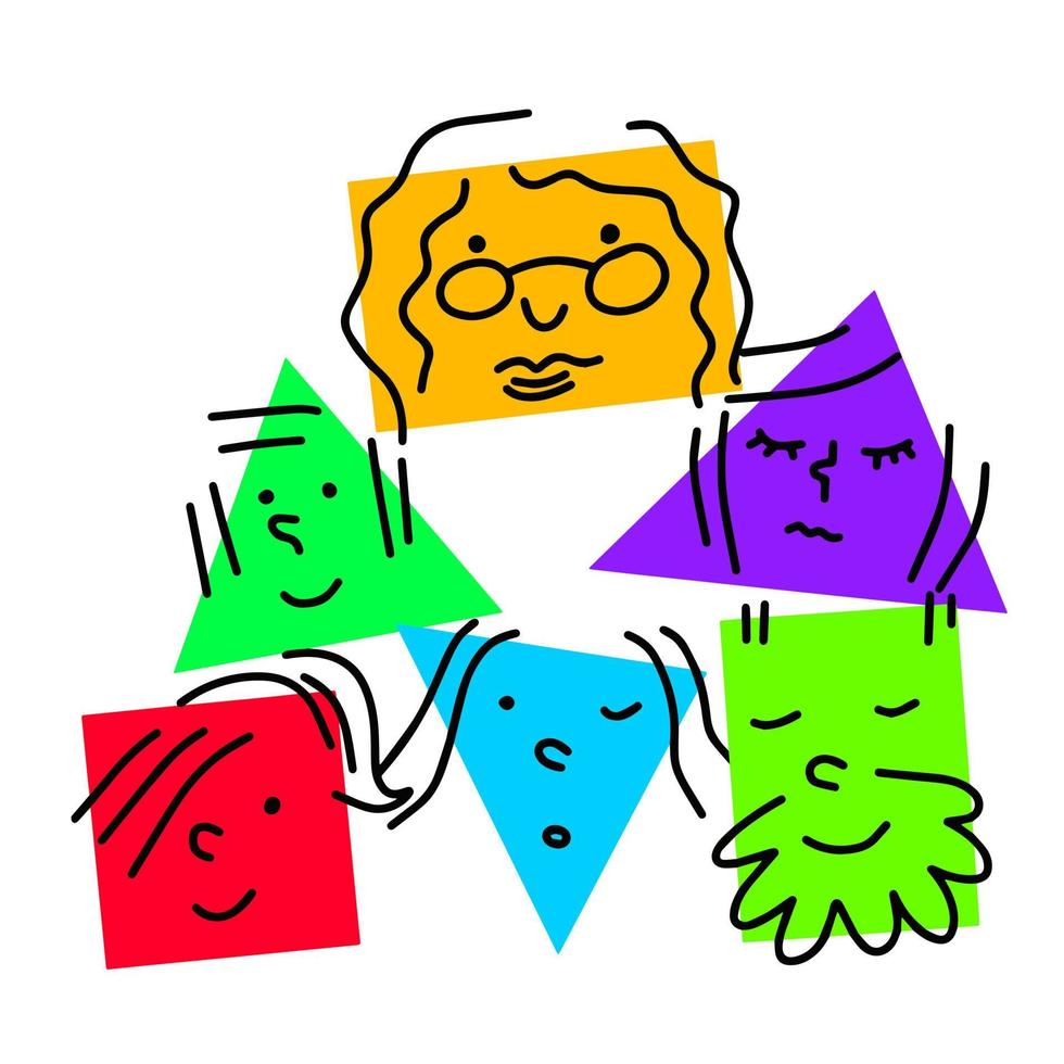 mucchio di varie figure geometriche di base luminose con emozioni facciali. gruppo di uomini e donne. simpatici personaggi quadrati e triangolari divertenti. illustrazione vettoriale alla moda disegnata a mano per bambini
