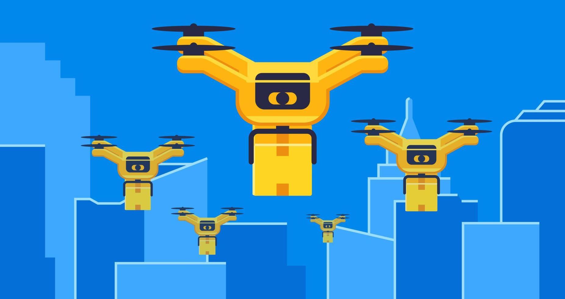 aria droni consegna con pacco volante nel città, fra grattacieli concetto vettore illustrazione