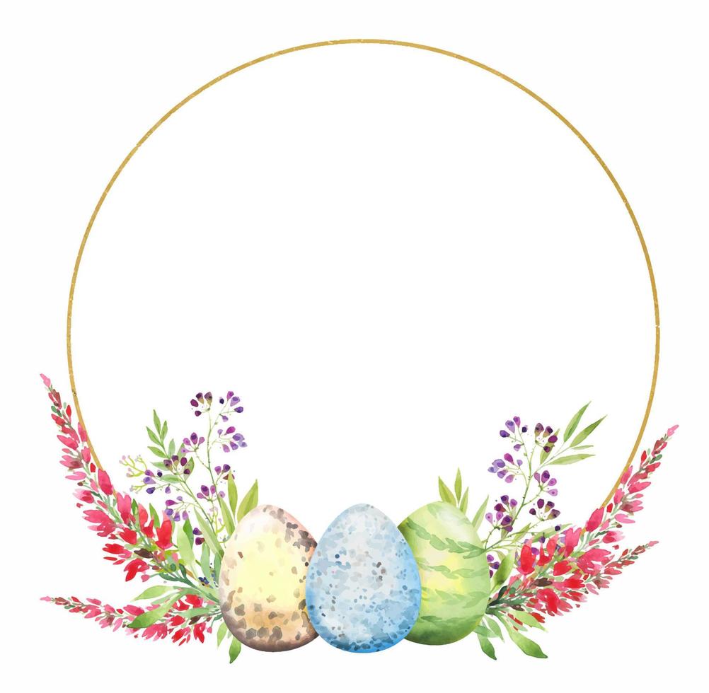 Pasqua floreale ghirlanda con un' d'oro il giro telaio, con rosso fiori, rami, le foglie e uova. mazzo di fiori, acquerello illustrazione. vettore