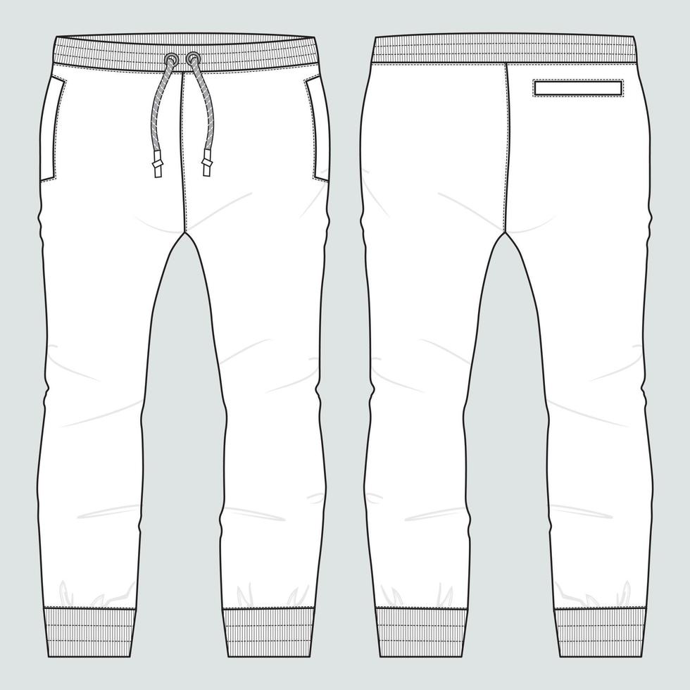 pantaloni della tuta jogger in tessuto felpato in generale, moda tecnica, disegno piatto, illustrazione vettoriale, modello, vista frontale e posteriore. abbigliamento abbigliamento design mock up cad. vettore