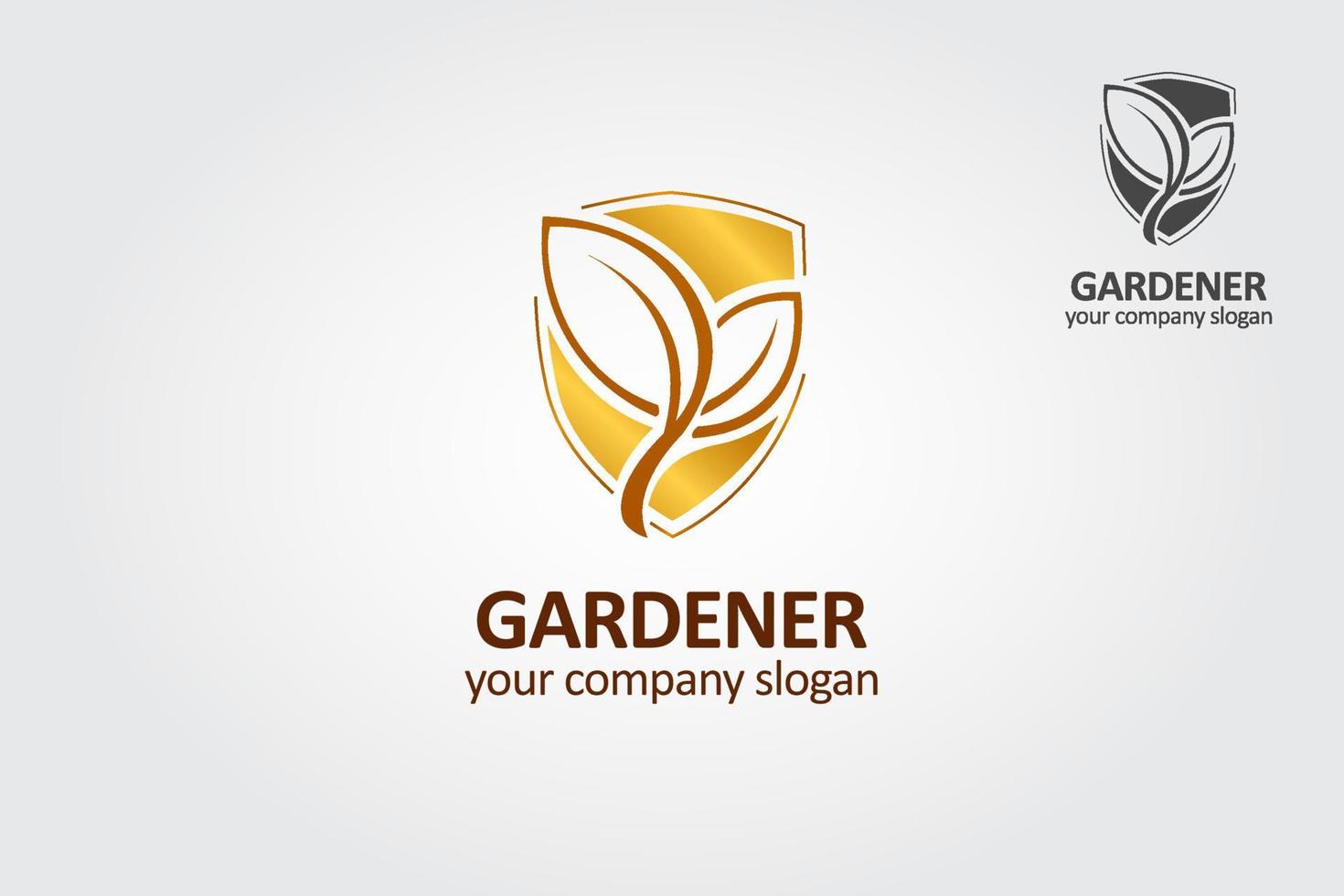 giardiniere vettore logo modello. illustrazione di le foglie su un' oro scudo sfondo. Questo logo essere Usato per paesaggio, giardinaggio attività commerciale, ma anche nel i campi relazionato per natura.