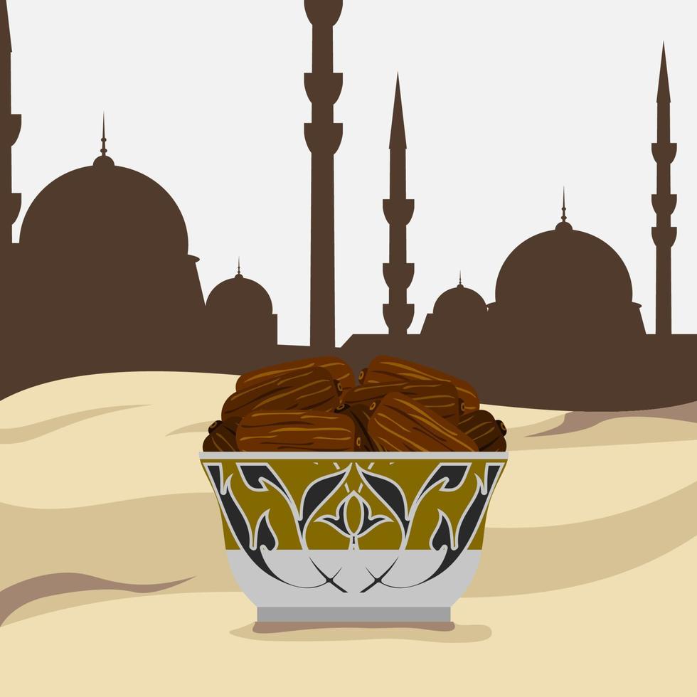 modificabile lato Visualizza arabo date frutta su un' fantasia ciotola vettore illustrazione con deserto e moschea silhouette sfondo per islamico tema scopi e arabo cultura o salutare Alimenti design