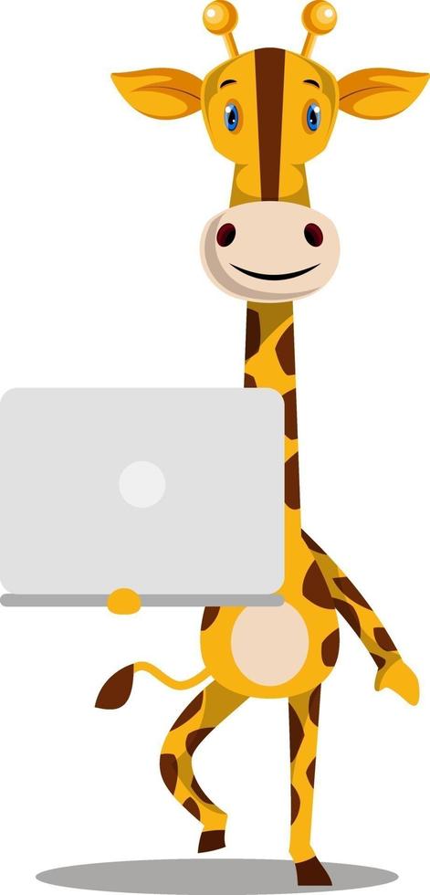 giraffa Tenere computer portatile, illustrazione, vettore su bianca sfondo.