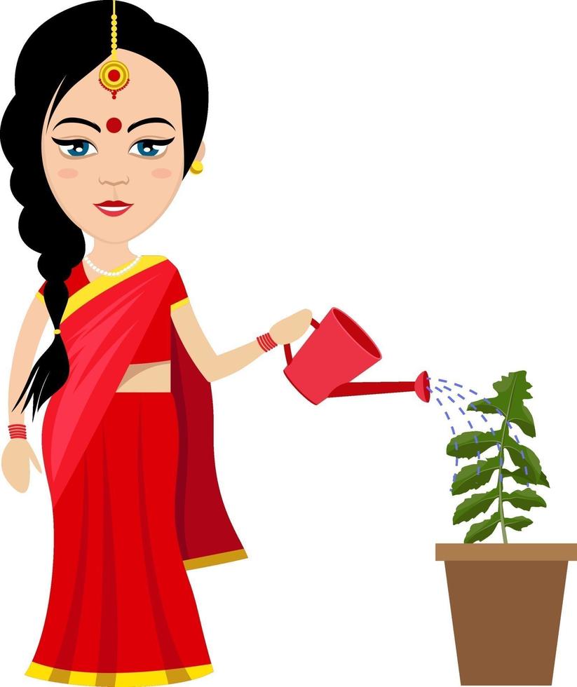 indiano donna irrigazione pianta , illustrazione, vettore su bianca sfondo.