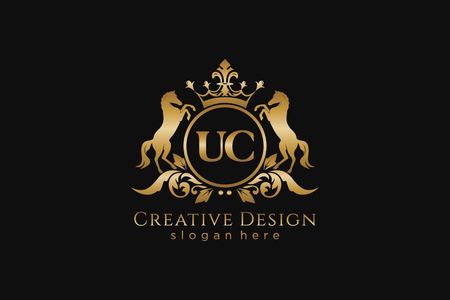 iniziale uc retrò d'oro cresta con cerchio e Due cavalli, distintivo modello con pergamene e reale corona - Perfetto per lussuoso il branding progetti vettore