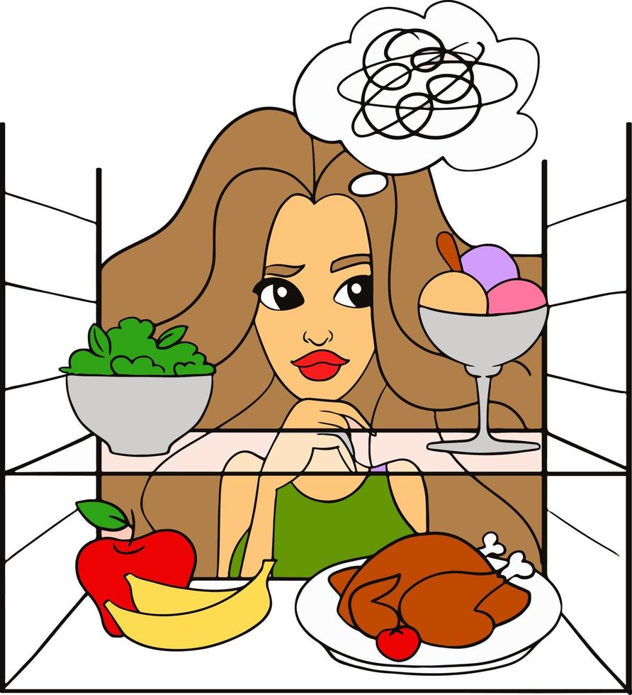 donna ha aperto il frigorifero porta, pensa che cosa cibo per scegliere. vettore illustrazione isolato su bianca sfondo.