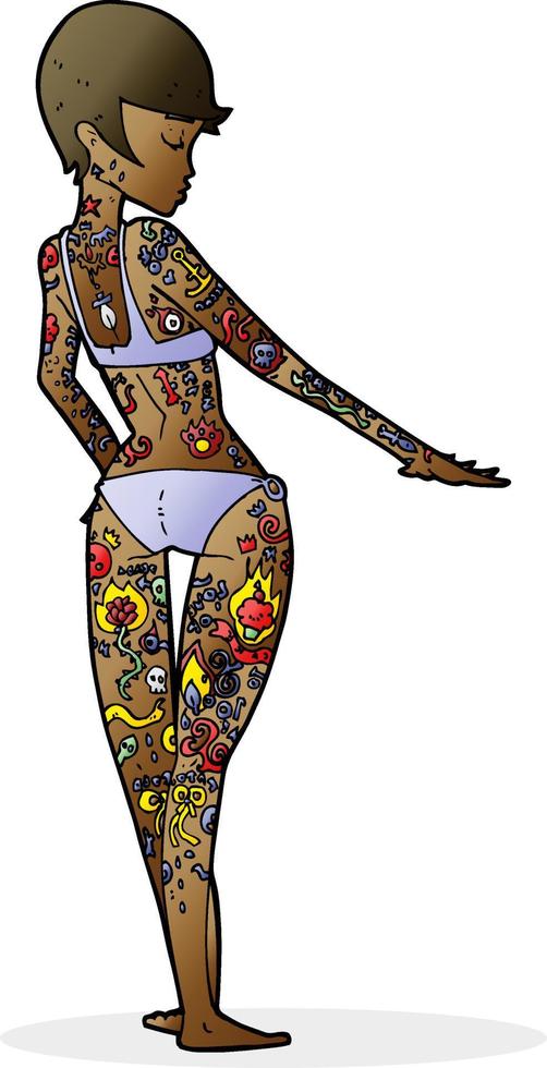 cartone animato bikini ragazza coperto nel tatuaggi vettore