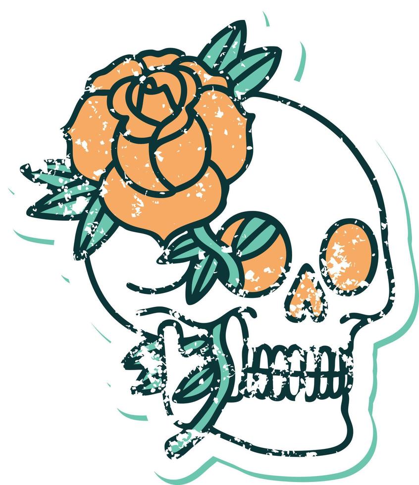 afflitto etichetta tatuaggio stile icona di un' cranio e rosa vettore