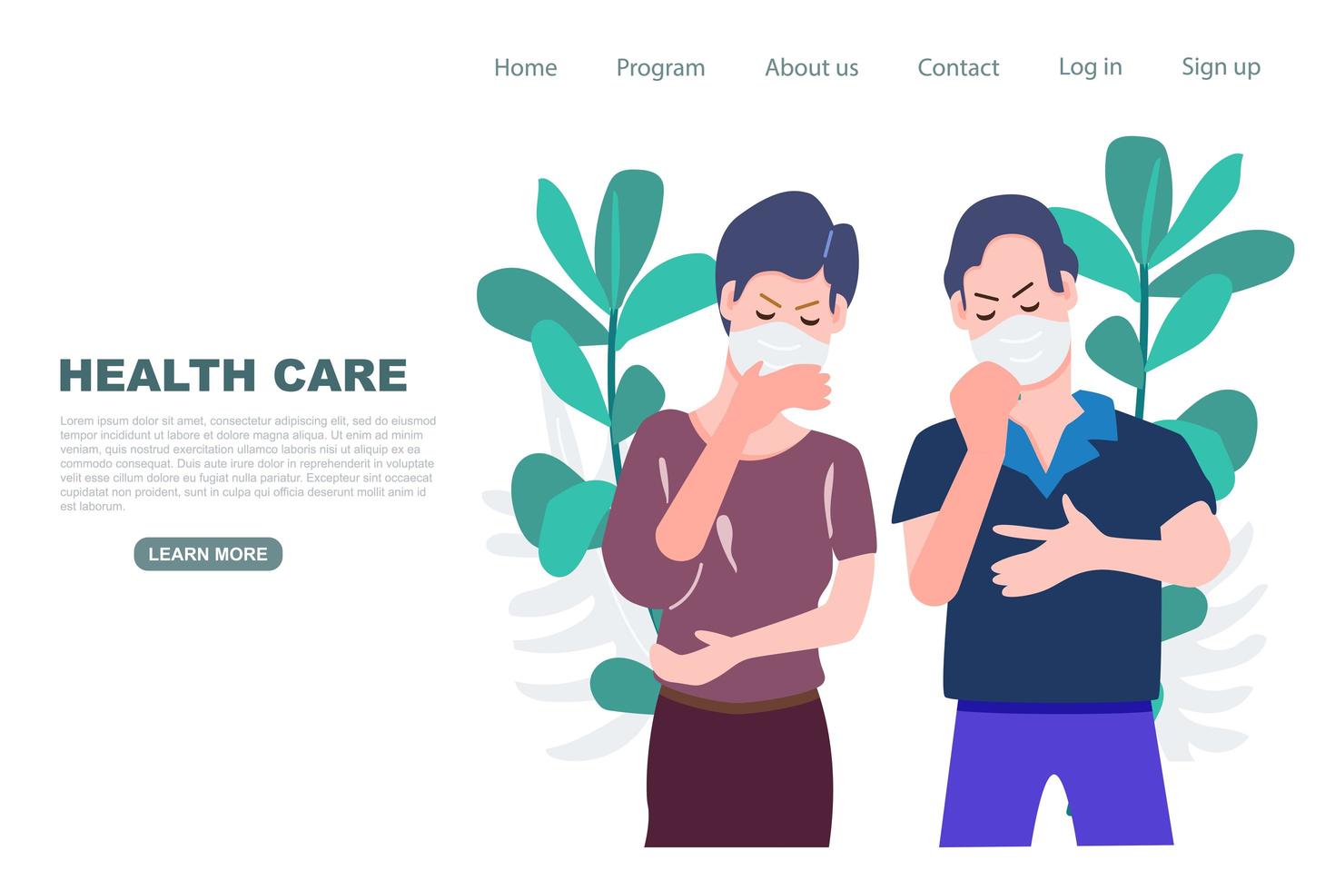 landing page con coppia mascherata malata vettore