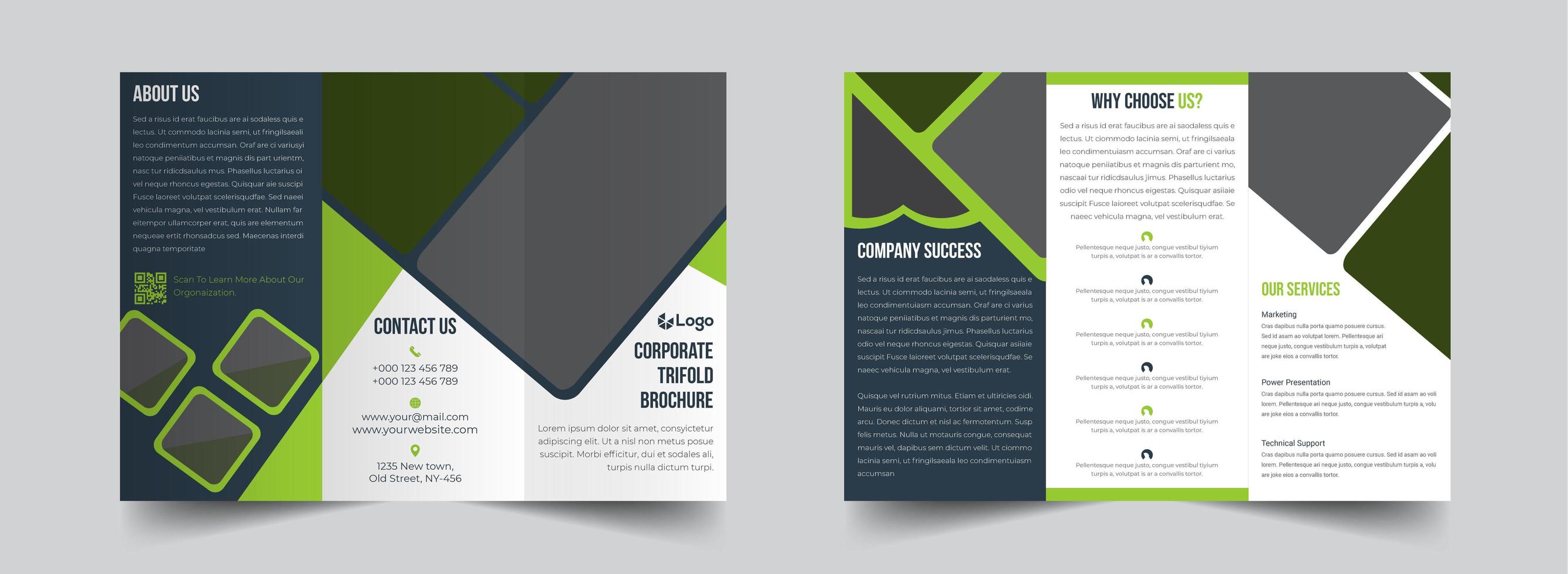modello di brochure aziendale a tre ante verde e grigio vettore