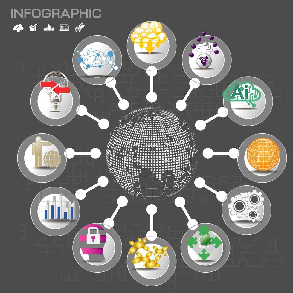 grafico del globo con infografica circolare con icone vettore