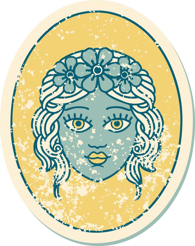 afflitto etichetta tatuaggio stile icona di un' fanciulla con corona di fiori vettore