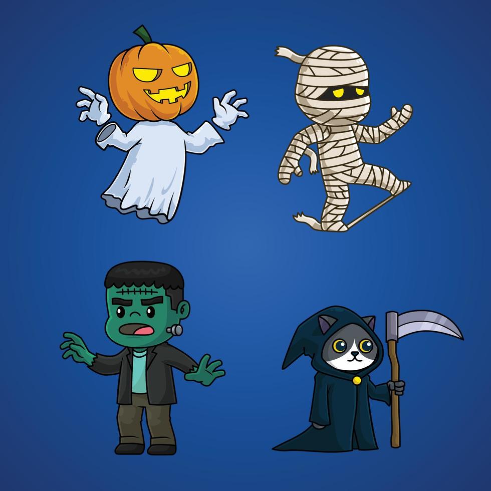 collezione di spaventoso carino kawaii scatola di cartone vettore illustrazioni di mostri e fantasma Frankenstein Jack o lanterna mummia truce mietitrice Halloween edizione