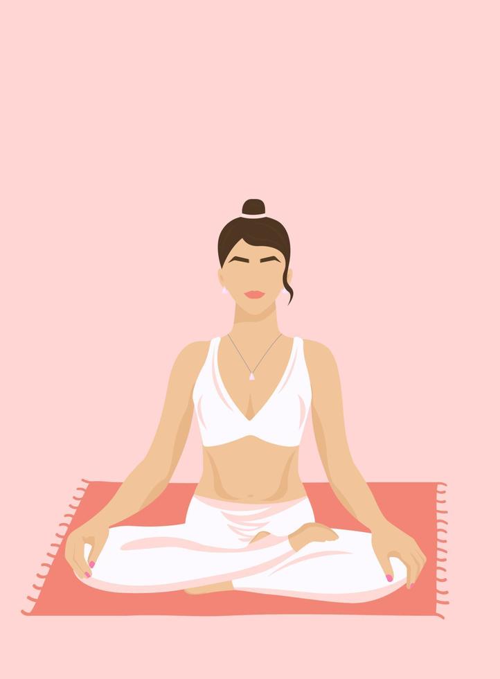 sport atletico donna Meditare nel yoga posa su il sport stuoia. vettore illustrazione di salutare yoga asan