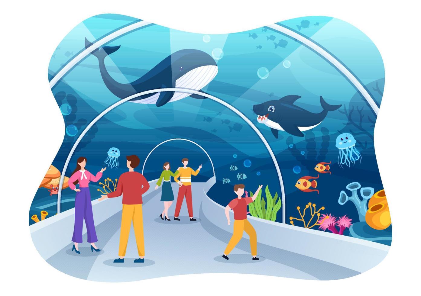 acquario modello mano disegnato cartone animato piatto illustrazione con famiglia e bambini guardare a subacqueo pesce, mare animali varietà, marino flora e fauna vettore