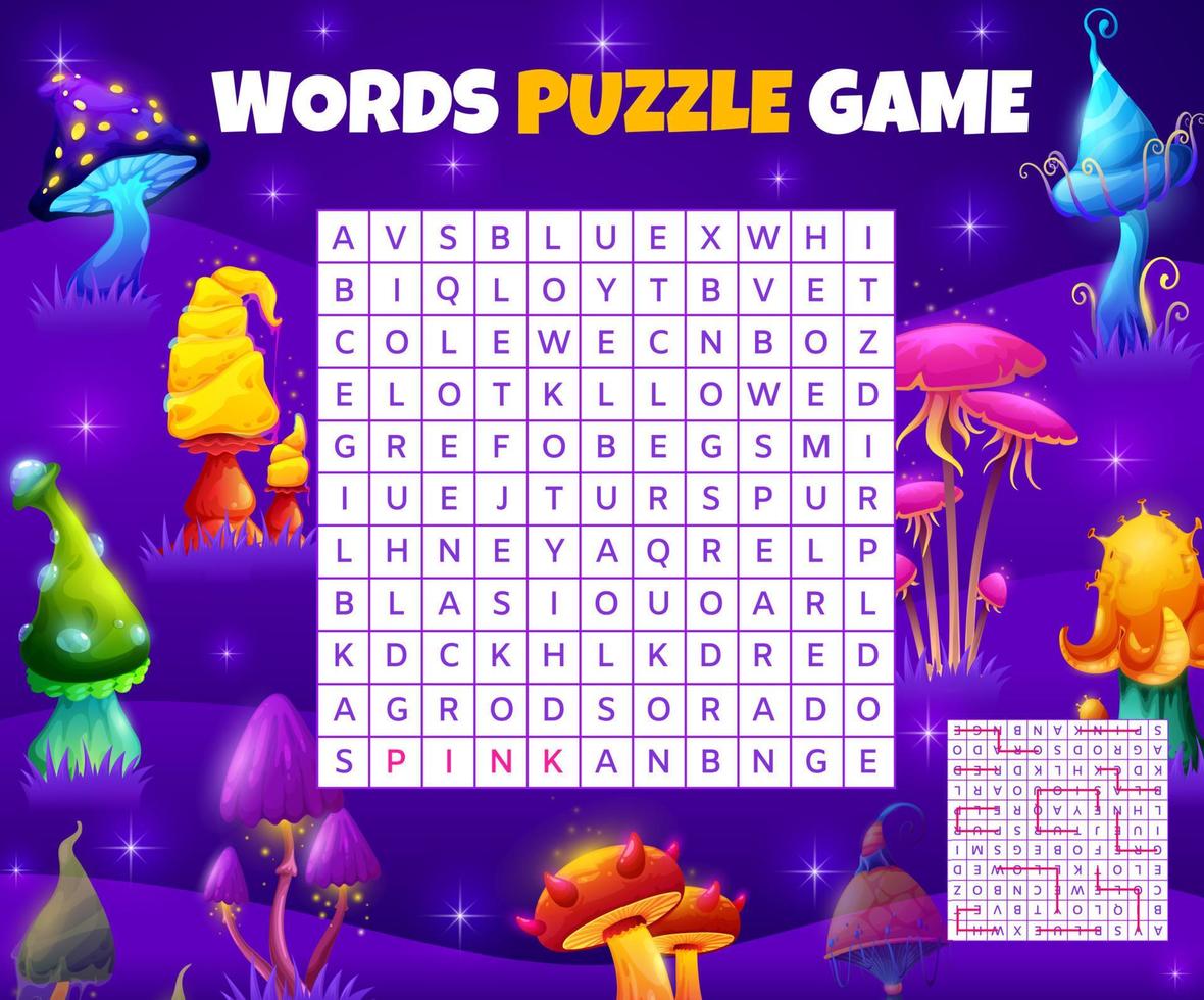 Magia funghi su parola ricerca puzzle foglio di lavoro vettore