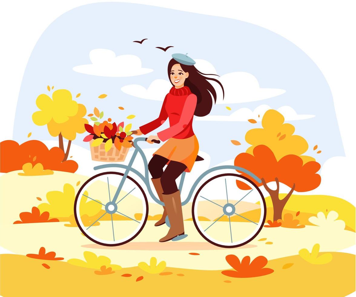 autunno parco. un' donna cavalcate un' bicicletta con un' mazzo di le foglie nel un autunno parco. un' bicicletta giro. cartone animato vettore illustrazione