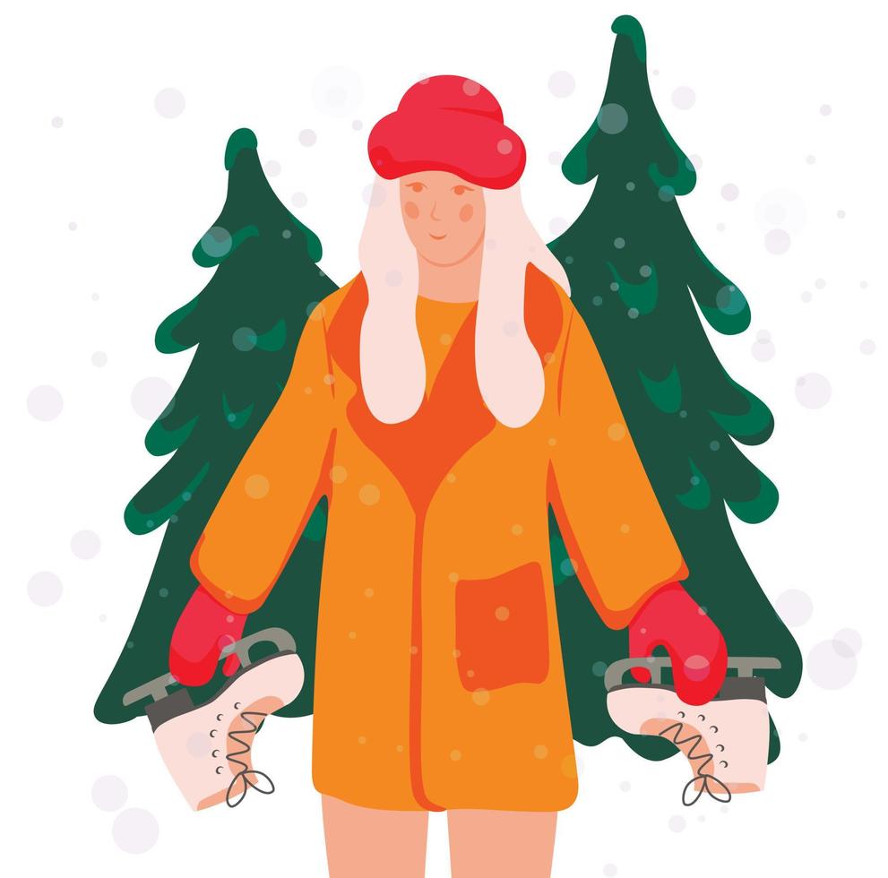inverno manifesto. il ragazza è pattinando. Natale albero. è nevicando fuori. vettore azione illustrazione. è freddo, dicembre. passatempo.