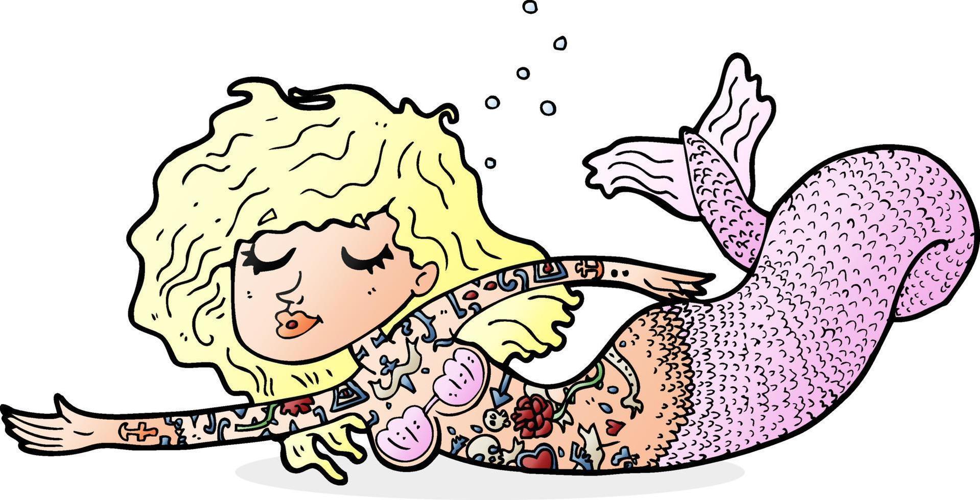 cartone animato sirena coperto nel tatuaggi vettore