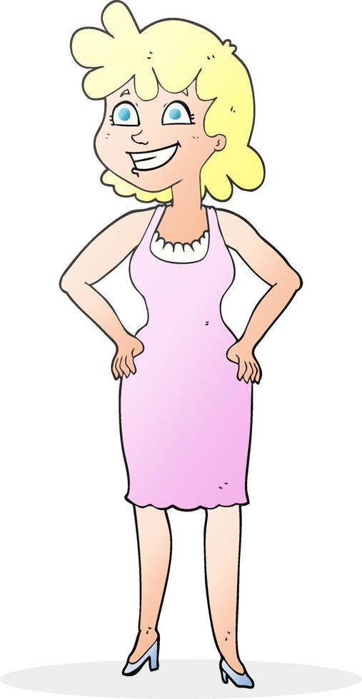 cartone animato contento donna indossare vestito vettore