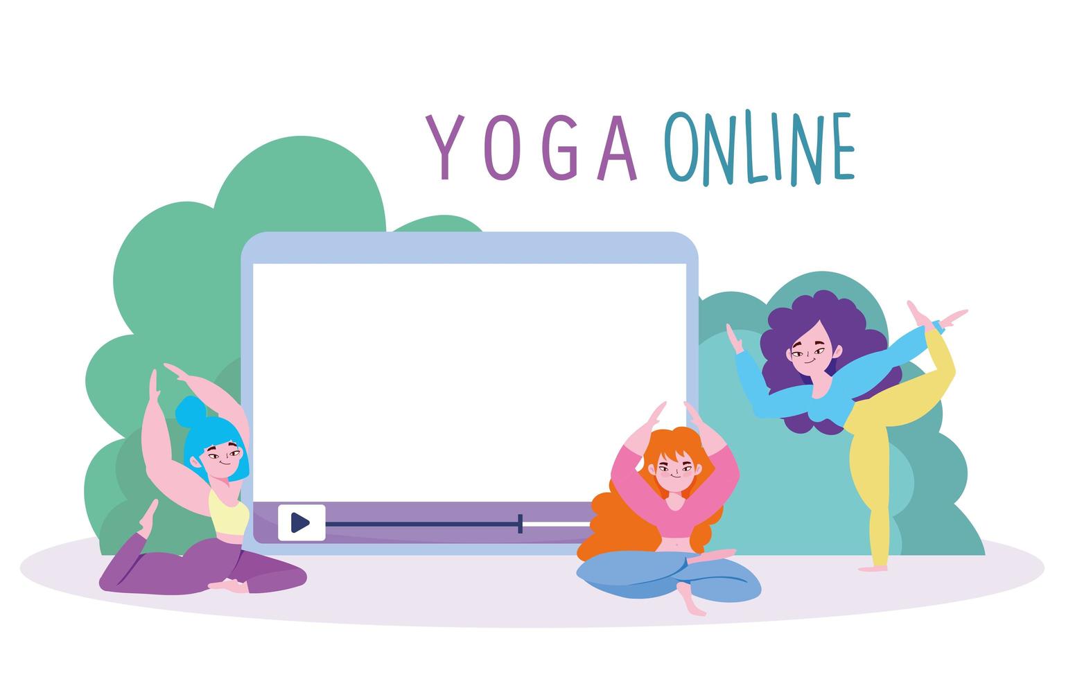 personaggi di donne con tablet che praticano yoga vettore
