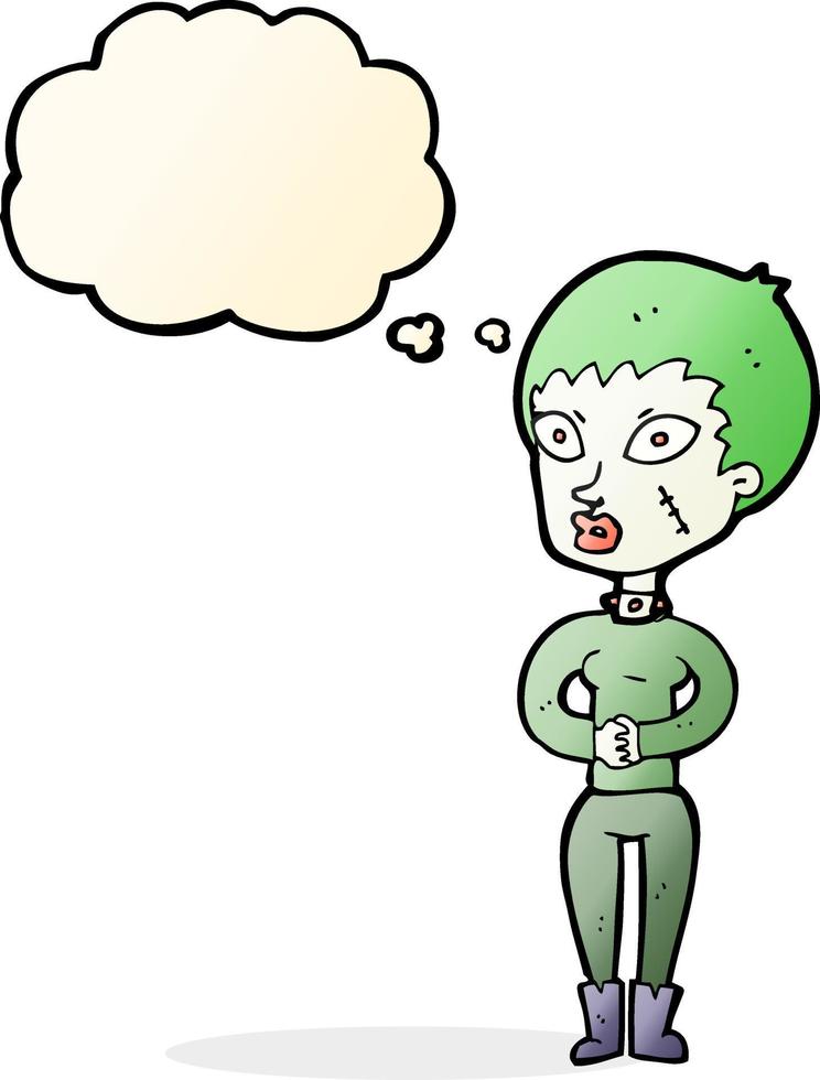 cartone animato zombie ragazza con pensato bolla vettore