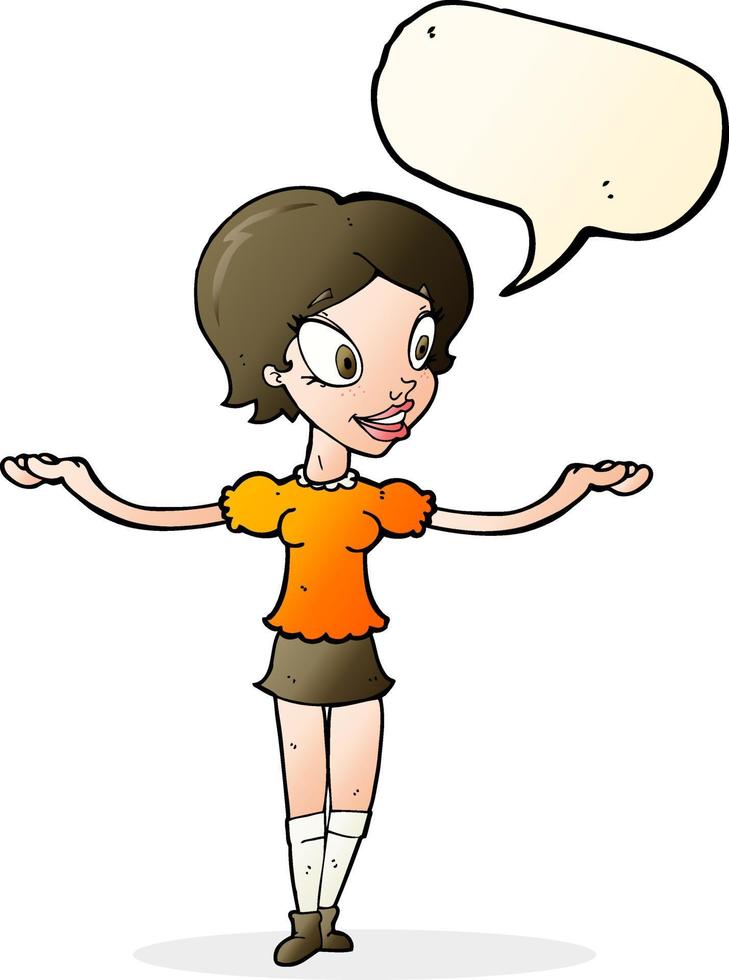 cartone animato donna con braccia diffusione largo con discorso bolla vettore