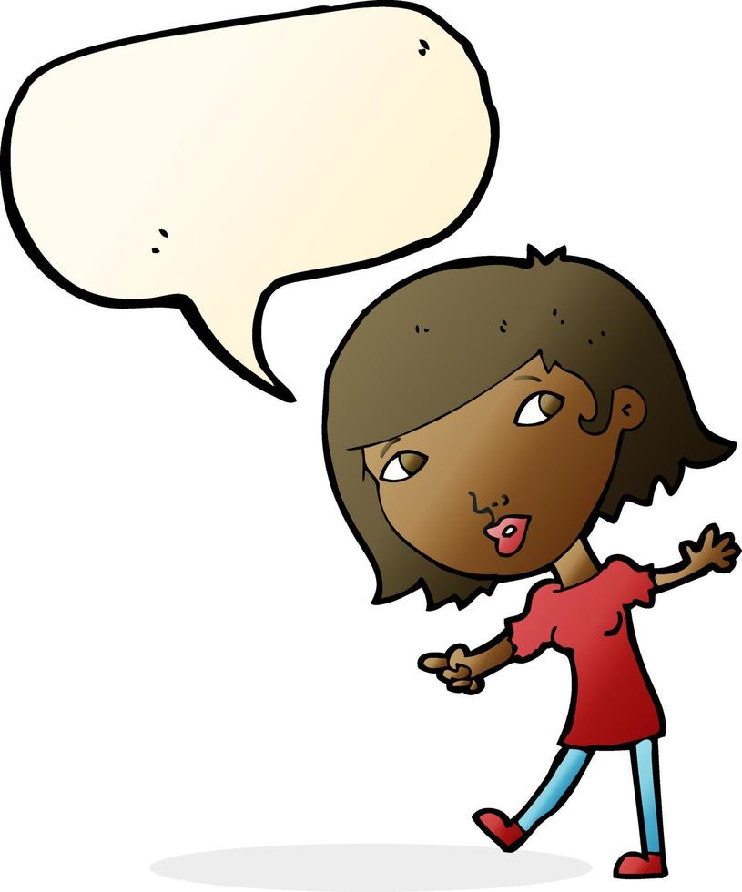 cartone animato contento ragazza Esprimere a gesti per Seguire con discorso bolla vettore