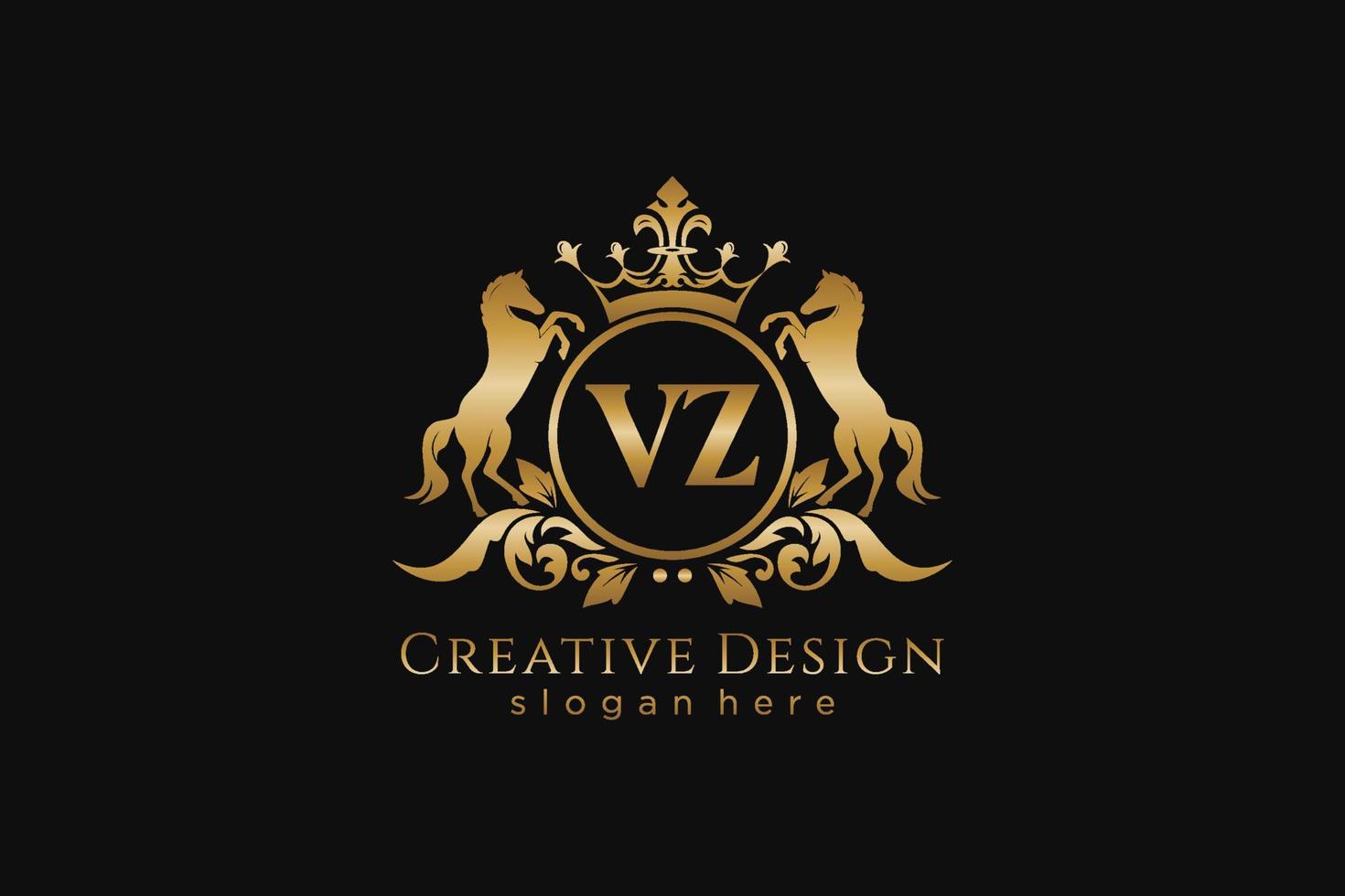 iniziale vz retrò d'oro cresta con cerchio e Due cavalli, distintivo modello con pergamene e reale corona - Perfetto per lussuoso il branding progetti vettore