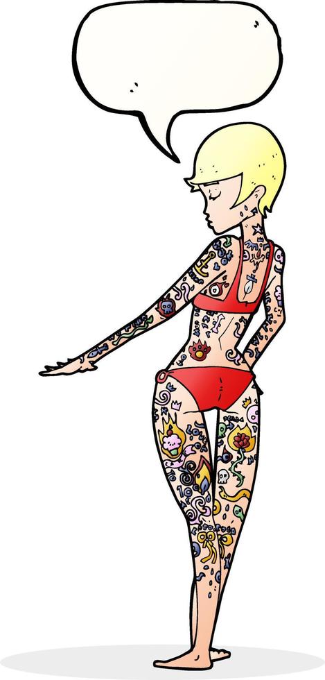cartone animato bikini ragazza coperto nel tatuaggi con discorso bolla vettore