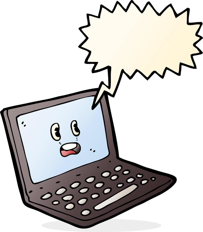 cartone animato il computer portatile computer con discorso bolla vettore