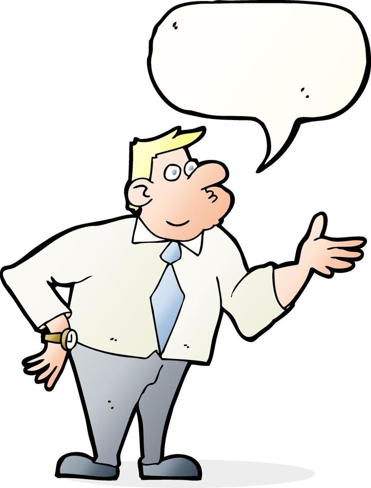 cartone animato uomo d'affari chiede domanda con discorso bolla vettore