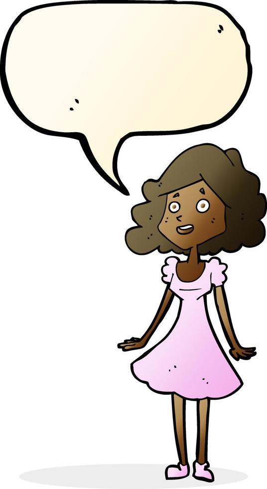 cartone animato contento donna nel vestito con discorso bolla vettore