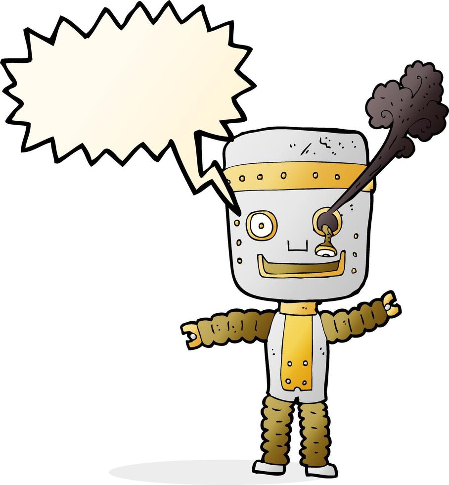 cartone animato divertente oro robot con discorso bolla vettore