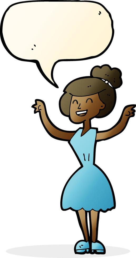 cartone animato donna con sollevato braccia con discorso bolla vettore